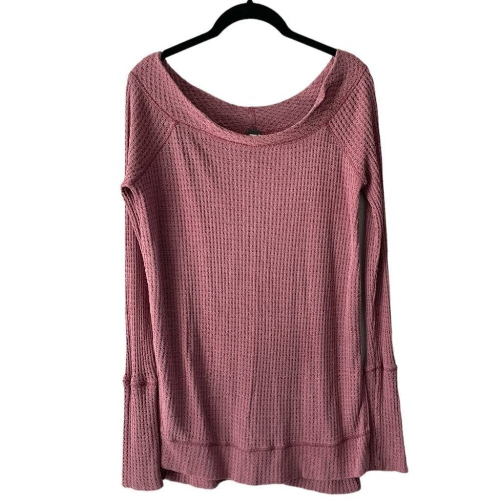 Free People Kate Off Shoulder Thermal Waffle Knit Oversize Top Rose Pink Small
